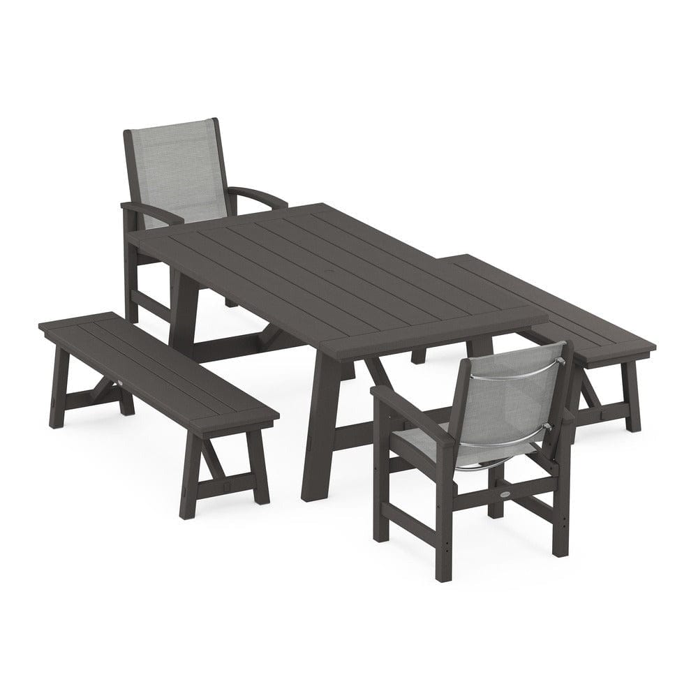 POLYWOOD® Outdoor Furniture Vintage Coffee / Metallic Sling POLYWOOD® - Coastal 5-Piece Rustic Farmhouse Dining Set With Benches - PWS1077