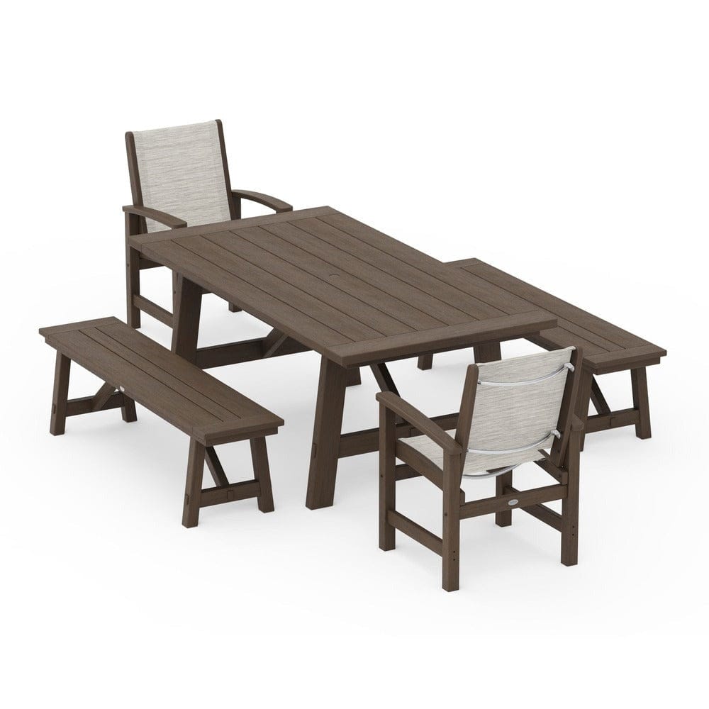 POLYWOOD® Outdoor Furniture POLYWOOD® - Coastal 5-Piece Rustic Farmhouse Dining Set With Benches - PWS1077