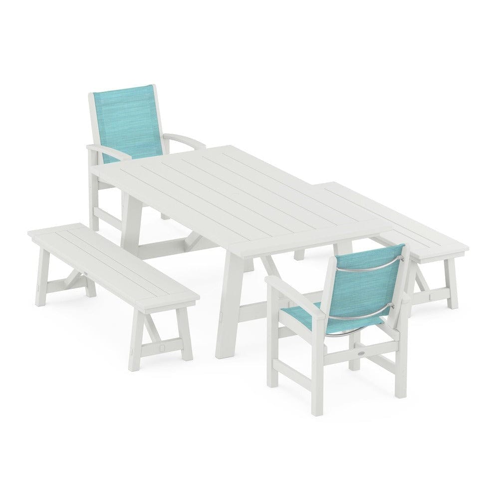 POLYWOOD® Outdoor Furniture POLYWOOD® - Coastal 5-Piece Rustic Farmhouse Dining Set With Benches - PWS1077