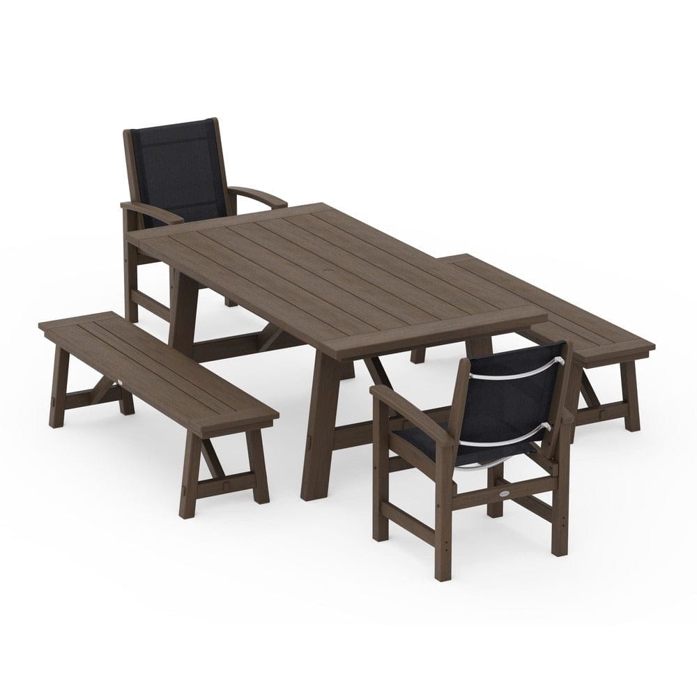 POLYWOOD® Outdoor Furniture POLYWOOD® - Coastal 5-Piece Rustic Farmhouse Dining Set With Benches - PWS1077