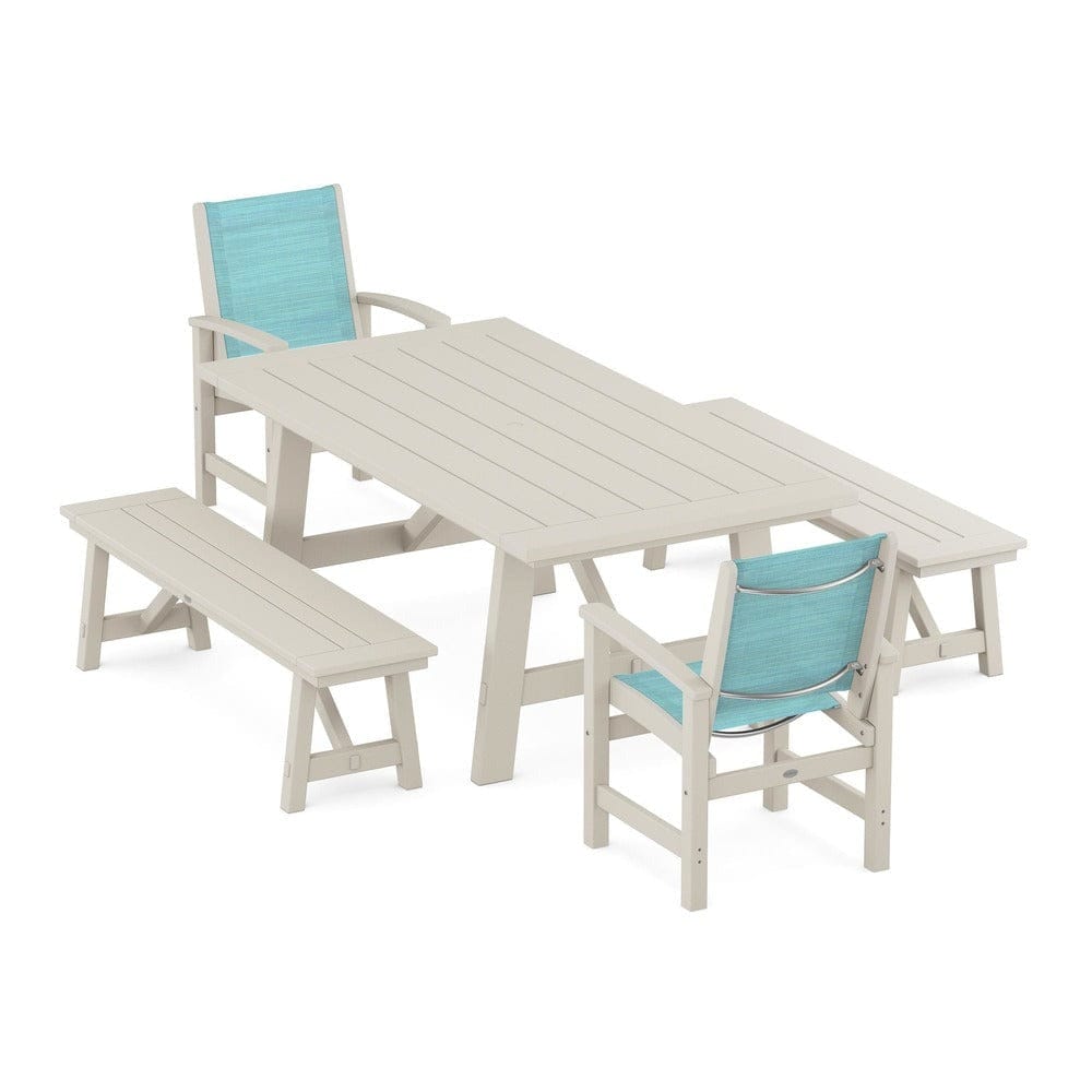 POLYWOOD® Outdoor Furniture Sand / Dupioni Aquamarine Sling POLYWOOD® - Coastal 5-Piece Rustic Farmhouse Dining Set With Benches - PWS1077