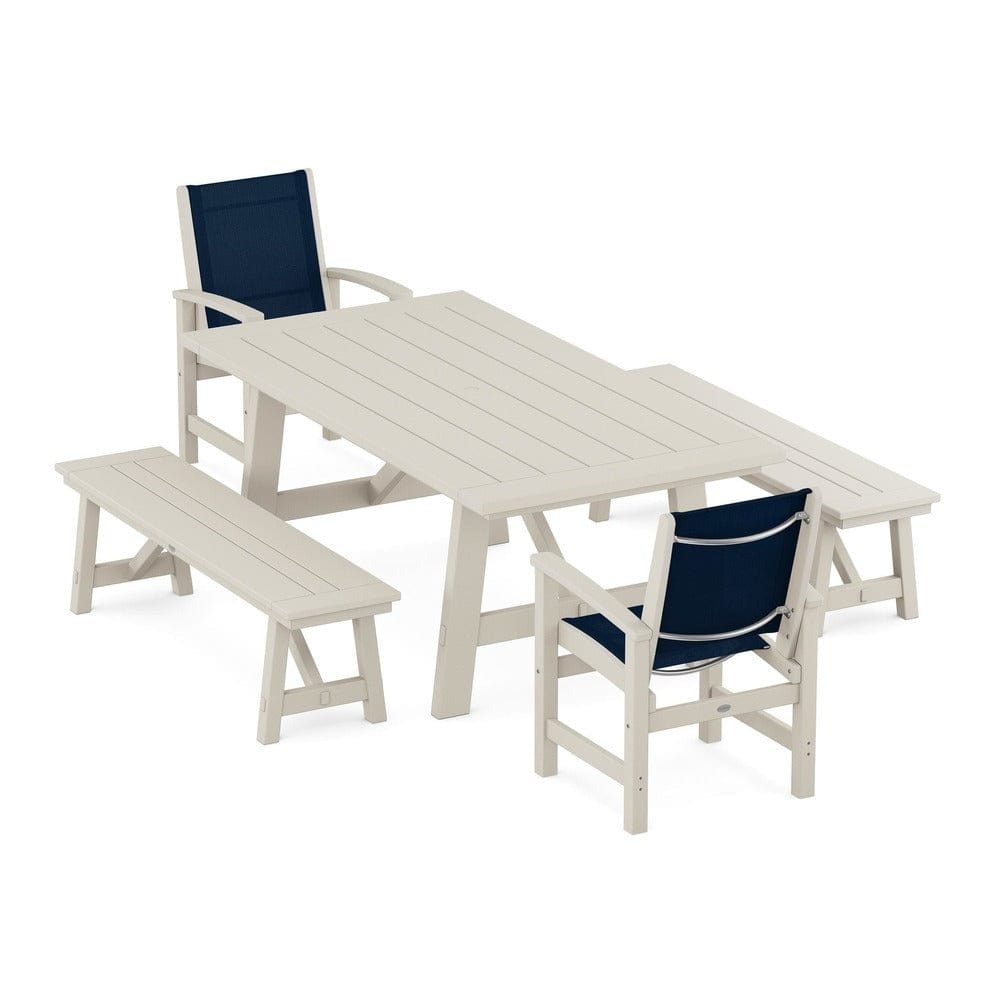 POLYWOOD® Outdoor Furniture Sand / Navy Blue Sling POLYWOOD® - Coastal 5-Piece Rustic Farmhouse Dining Set With Benches - PWS1077
