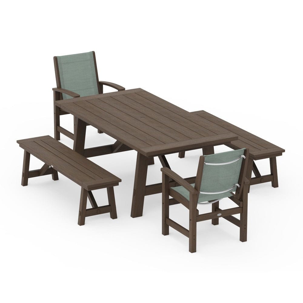 POLYWOOD® Outdoor Furniture POLYWOOD® - Coastal 5-Piece Rustic Farmhouse Dining Set With Benches - PWS1077