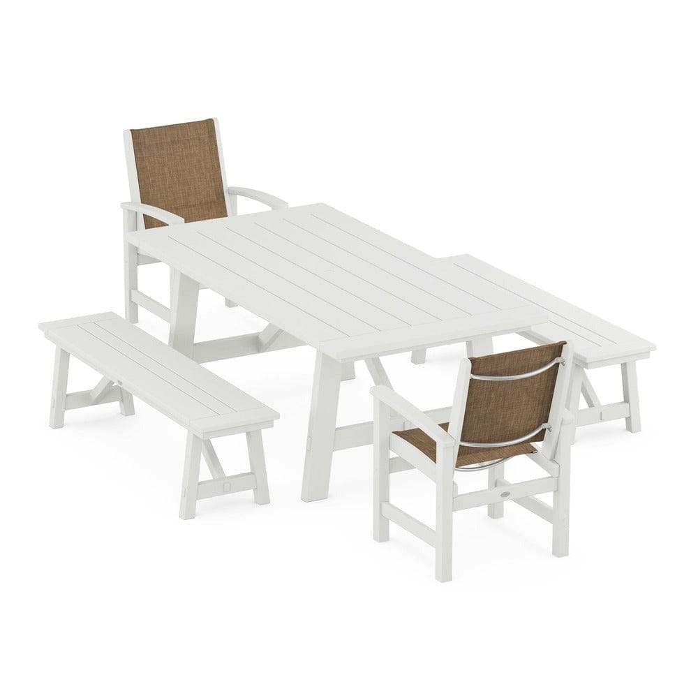 POLYWOOD® Outdoor Furniture POLYWOOD® - Coastal 5-Piece Rustic Farmhouse Dining Set With Benches - PWS1077