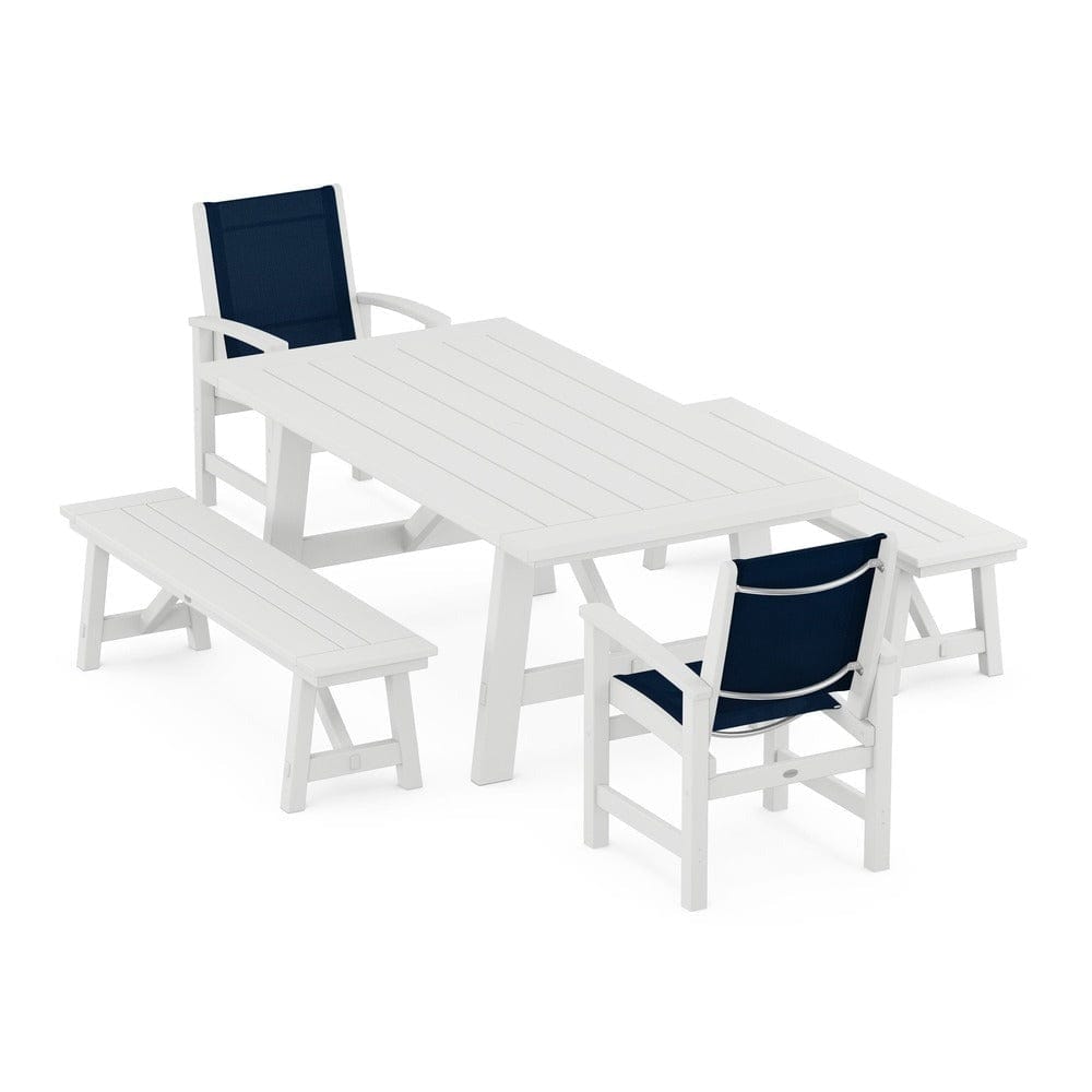 POLYWOOD® - Coastal 5-Piece Rustic Farmhouse Dining Set With Benches - PWS1077 Outdoor Furniture POLYWOOD®
