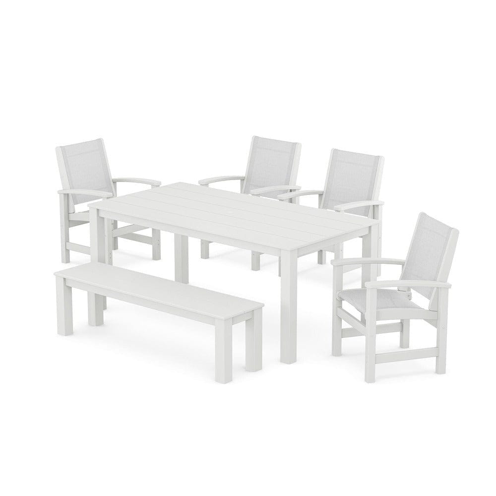 POLYWOOD® Outdoor Furniture White / White Sling POLYWOOD® - Coastal 6-Piece Parsons Dining Set with Bench - PWS2276