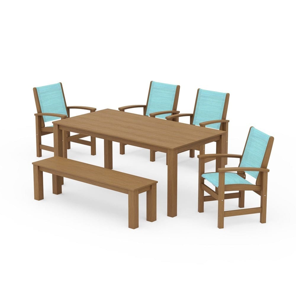 POLYWOOD® Outdoor Furniture Natural / Dupioni Aquamarine Sling POLYWOOD® - Coastal 6-Piece Parsons Dining Set with Bench - PWS2276