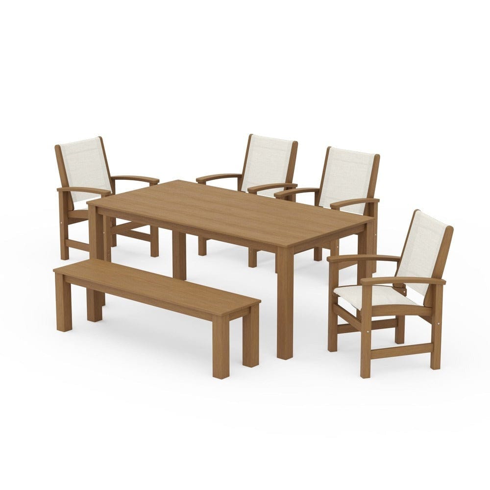 POLYWOOD® Outdoor Furniture Natural / Parchment Sling POLYWOOD® - Coastal 6-Piece Parsons Dining Set with Bench - PWS2276
