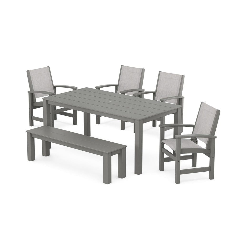 POLYWOOD® Outdoor Furniture Slate Grey / Parchment Sling POLYWOOD® - Coastal 6-Piece Parsons Dining Set with Bench - PWS2276