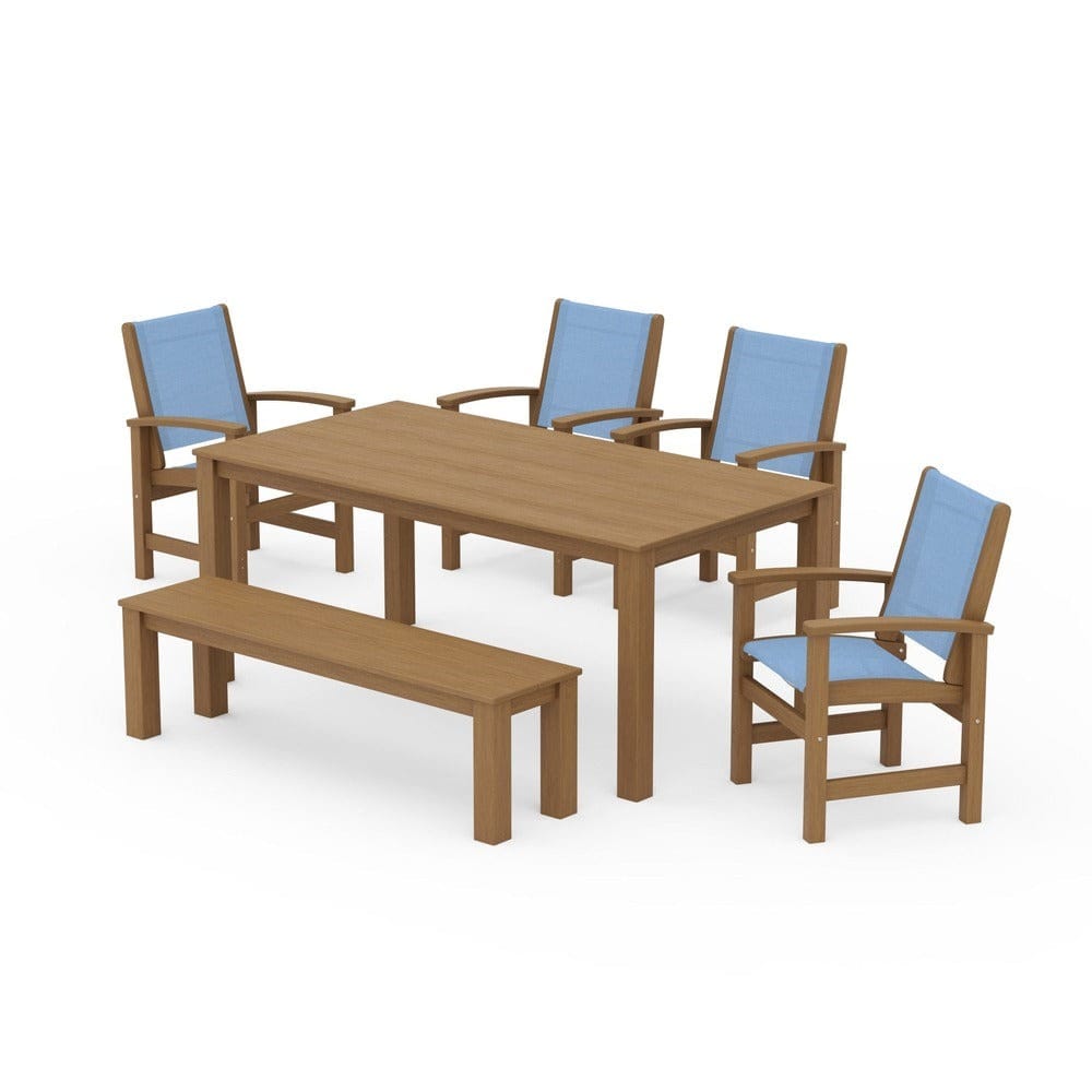 POLYWOOD® Outdoor Furniture Natural / Poolside Sling POLYWOOD® - Coastal 6-Piece Parsons Dining Set with Bench - PWS2276