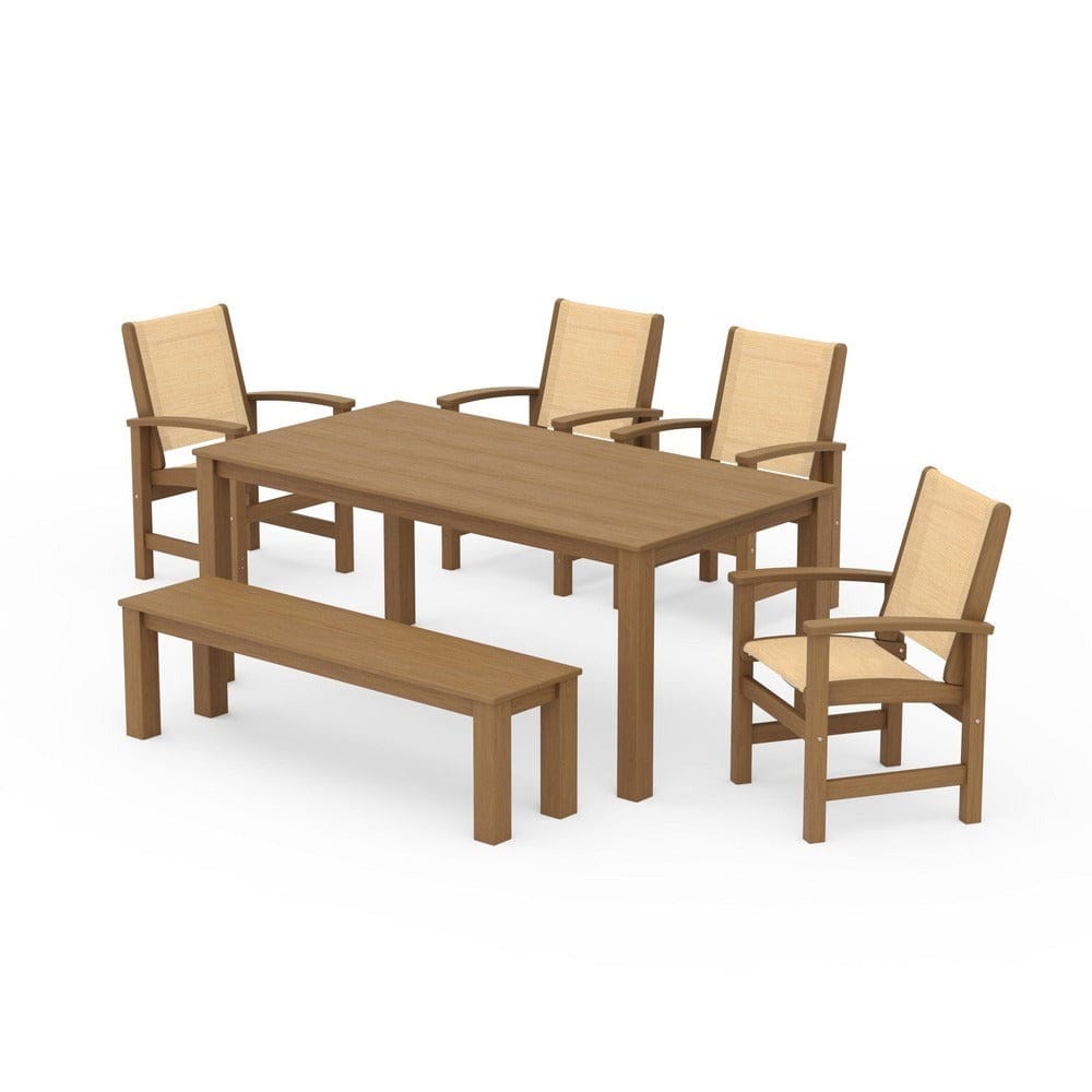 POLYWOOD® Outdoor Furniture Natural / Dupioni Apricot Sling POLYWOOD® - Coastal 6-Piece Parsons Dining Set with Bench - PWS2276