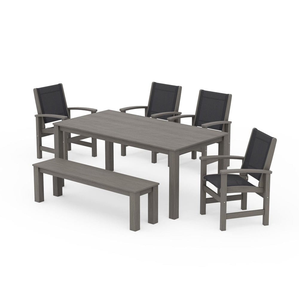 POLYWOOD® Outdoor Furniture Driftwood / Black Sling POLYWOOD® - Coastal 6-Piece Parsons Dining Set with Bench - PWS2276