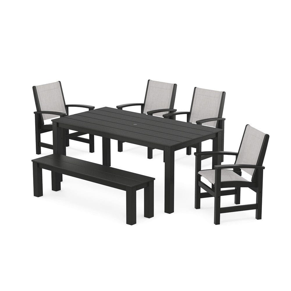 POLYWOOD® Outdoor Furniture Black / Parchment Sling POLYWOOD® - Coastal 6-Piece Parsons Dining Set with Bench - PWS2276