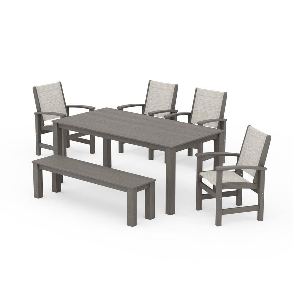 POLYWOOD® Outdoor Furniture Driftwood / Birch Sling POLYWOOD® - Coastal 6-Piece Parsons Dining Set with Bench - PWS2276