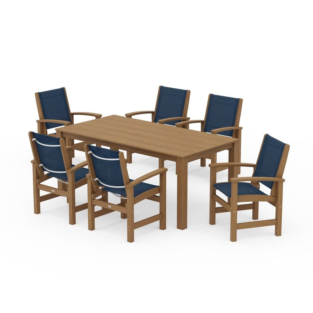 POLYWOOD® Outdoor Furniture Natural / Navy Blue Sling POLYWOOD® - Coastal 7-Piece Parsons Dining Set - PWS2275