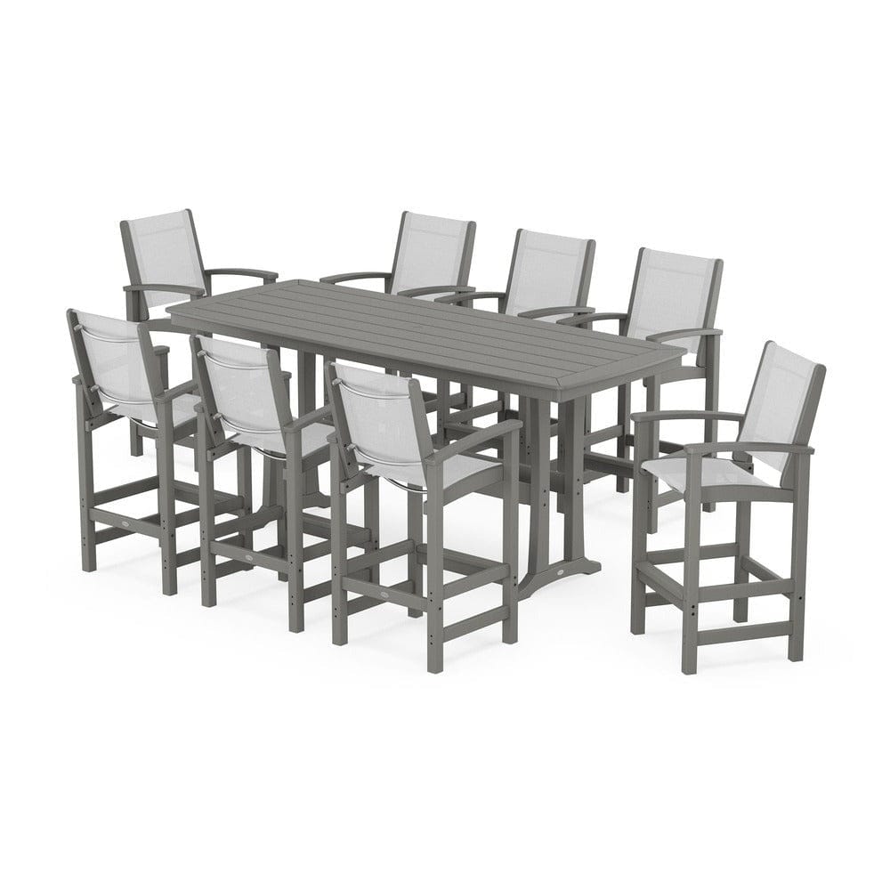 POLYWOOD® Outdoor Furniture Slate Grey / White Sling POLYWOOD® - Coastal 9-Piece Bar Set with Trestle Legs - PWS1948