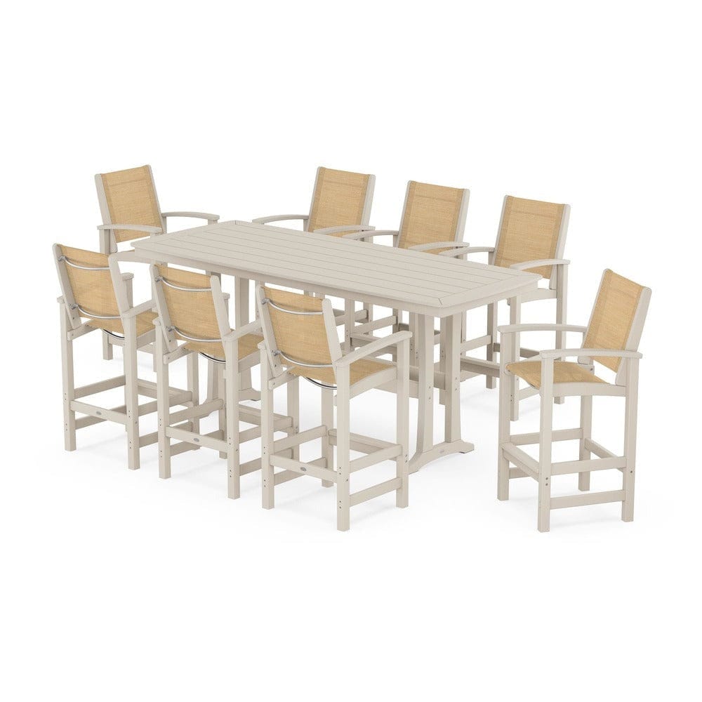 POLYWOOD® Outdoor Furniture Sand / Dupioni Apricot Sling POLYWOOD® - Coastal 9-Piece Bar Set with Trestle Legs - PWS1948