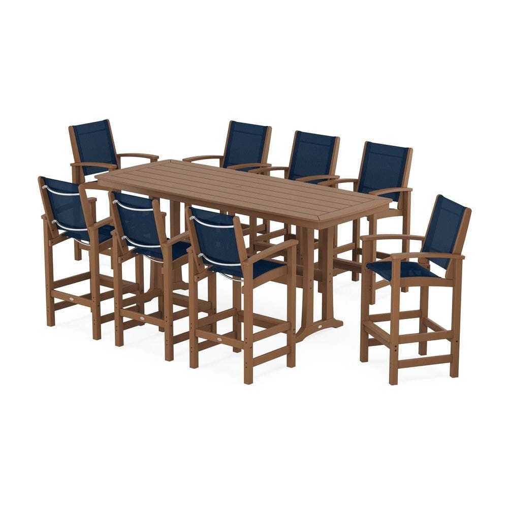 POLYWOOD® Outdoor Furniture Teak / Navy Blue Sling POLYWOOD® - Coastal 9-Piece Bar Set with Trestle Legs - PWS1948