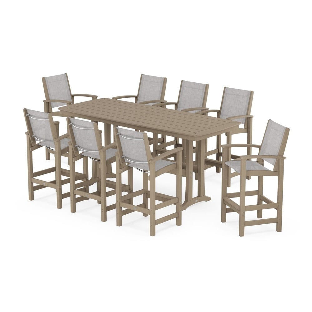 POLYWOOD® Outdoor Furniture Vintage Sahara / Parchment Sling POLYWOOD® - Coastal 9-Piece Bar Set with Trestle Legs - PWS1948