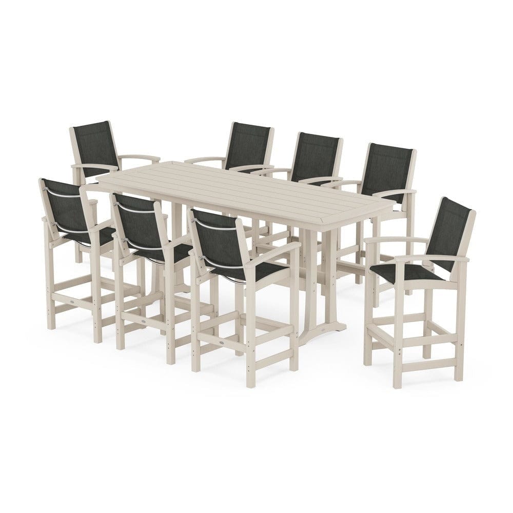 POLYWOOD® Outdoor Furniture Sand / Ember Sling POLYWOOD® - Coastal 9-Piece Bar Set with Trestle Legs - PWS1948