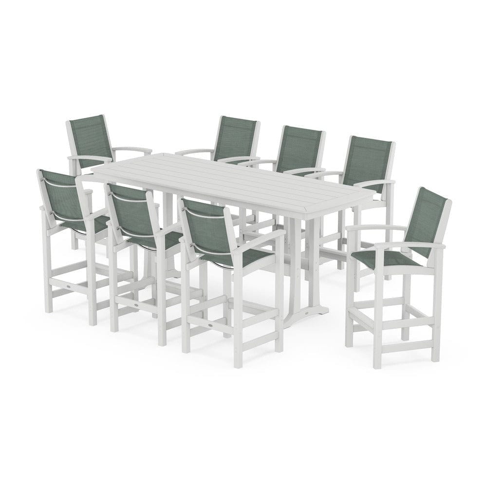 POLYWOOD® Outdoor Furniture White / Dupioni Sea Mist Sling POLYWOOD® - Coastal 9-Piece Bar Set with Trestle Legs - PWS1948