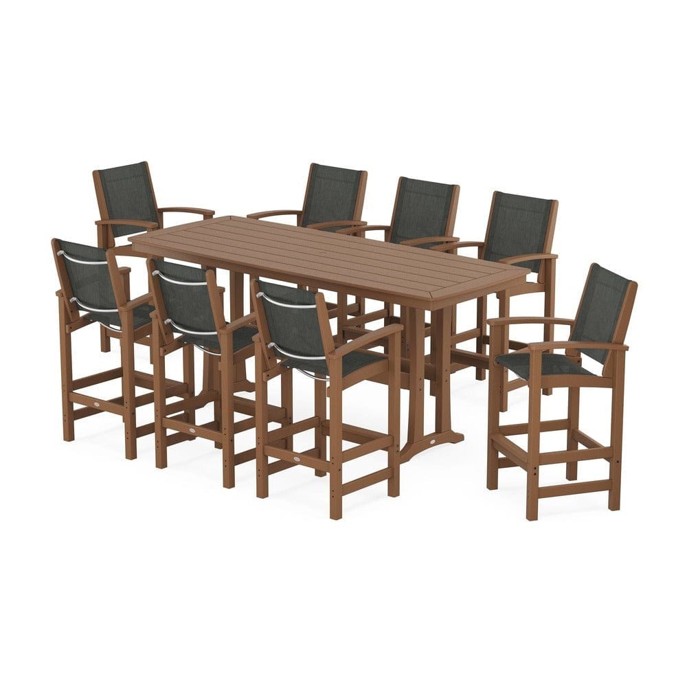 POLYWOOD® Outdoor Furniture Teak / Ember Sling POLYWOOD® - Coastal 9-Piece Bar Set with Trestle Legs - PWS1948