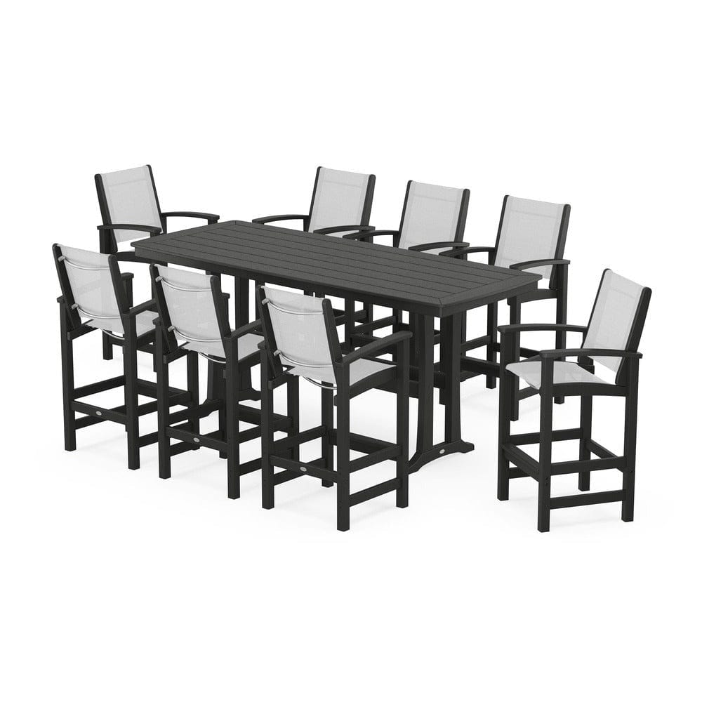 POLYWOOD® Outdoor Furniture Black / White Sling POLYWOOD® - Coastal 9-Piece Bar Set with Trestle Legs - PWS1948