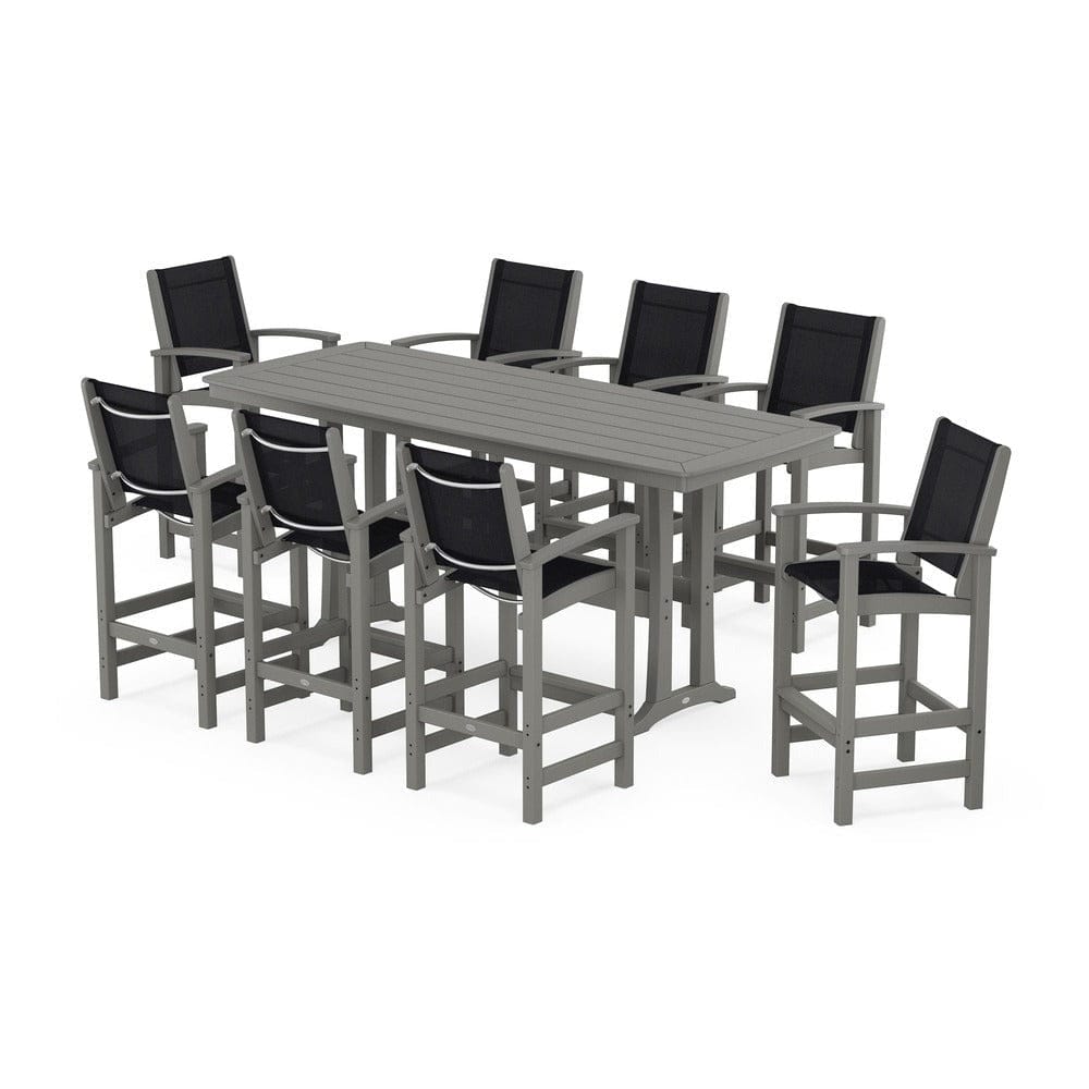 POLYWOOD® Outdoor Furniture Slate Grey / Black Sling POLYWOOD® - Coastal 9-Piece Bar Set with Trestle Legs - PWS1948