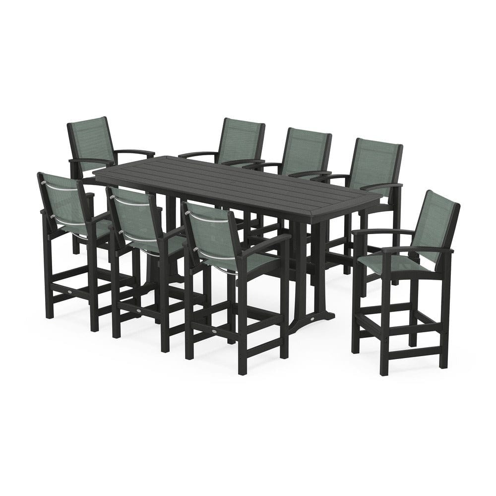 POLYWOOD® Outdoor Furniture Black / Dupioni Sea Mist Sling POLYWOOD® - Coastal 9-Piece Bar Set with Trestle Legs - PWS1948