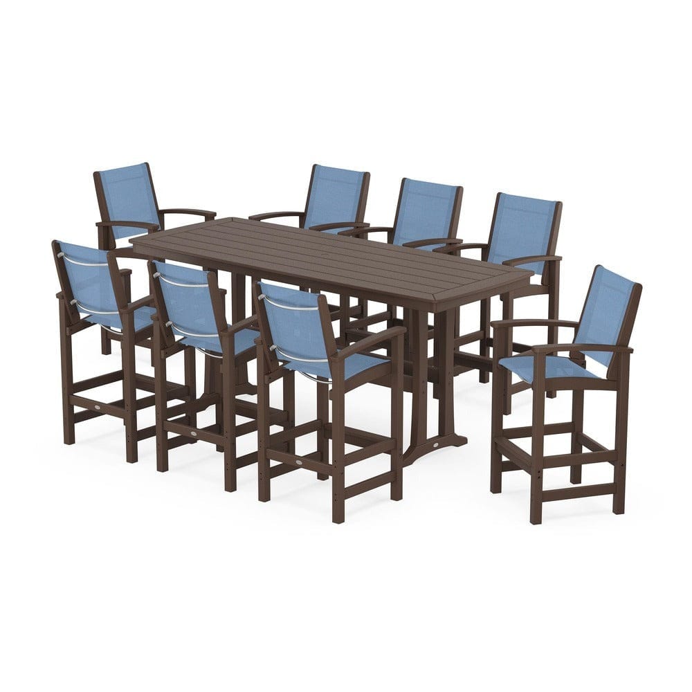 POLYWOOD® Outdoor Furniture Mahogany / Poolside Sling POLYWOOD® - Coastal 9-Piece Bar Set with Trestle Legs - PWS1948