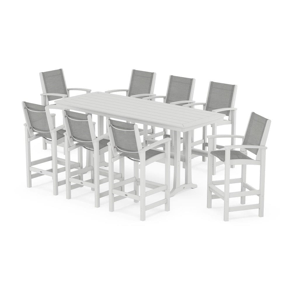 POLYWOOD® Outdoor Furniture White / Metallic Sling POLYWOOD® - Coastal 9-Piece Bar Set with Trestle Legs - PWS1948