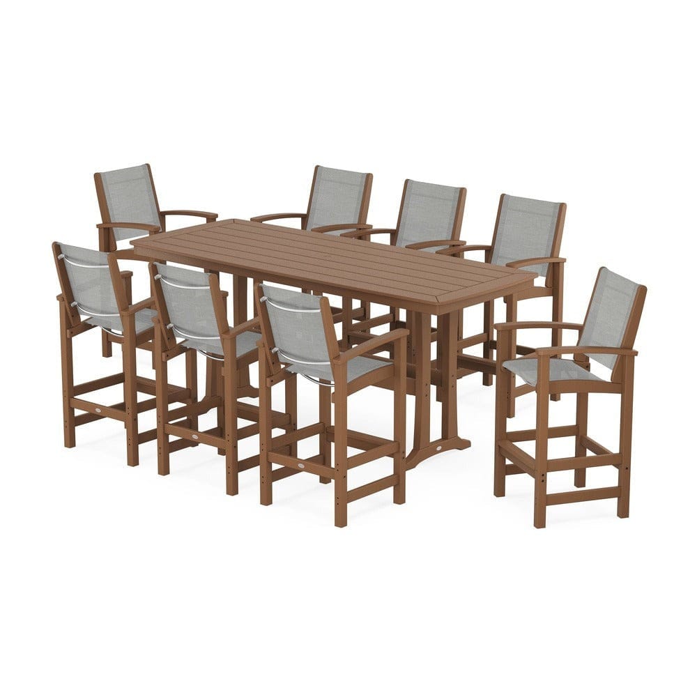 POLYWOOD® Outdoor Furniture Teak / Metallic Sling POLYWOOD® - Coastal 9-Piece Bar Set with Trestle Legs - PWS1948