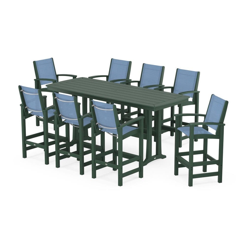 POLYWOOD® Outdoor Furniture Green / Poolside Sling POLYWOOD® - Coastal 9-Piece Bar Set with Trestle Legs - PWS1948