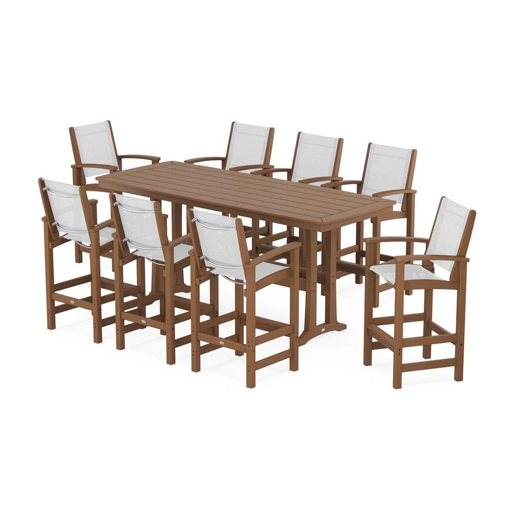 POLYWOOD® Outdoor Furniture Teak / White Sling POLYWOOD® - Coastal 9-Piece Bar Set with Trestle Legs - PWS1948