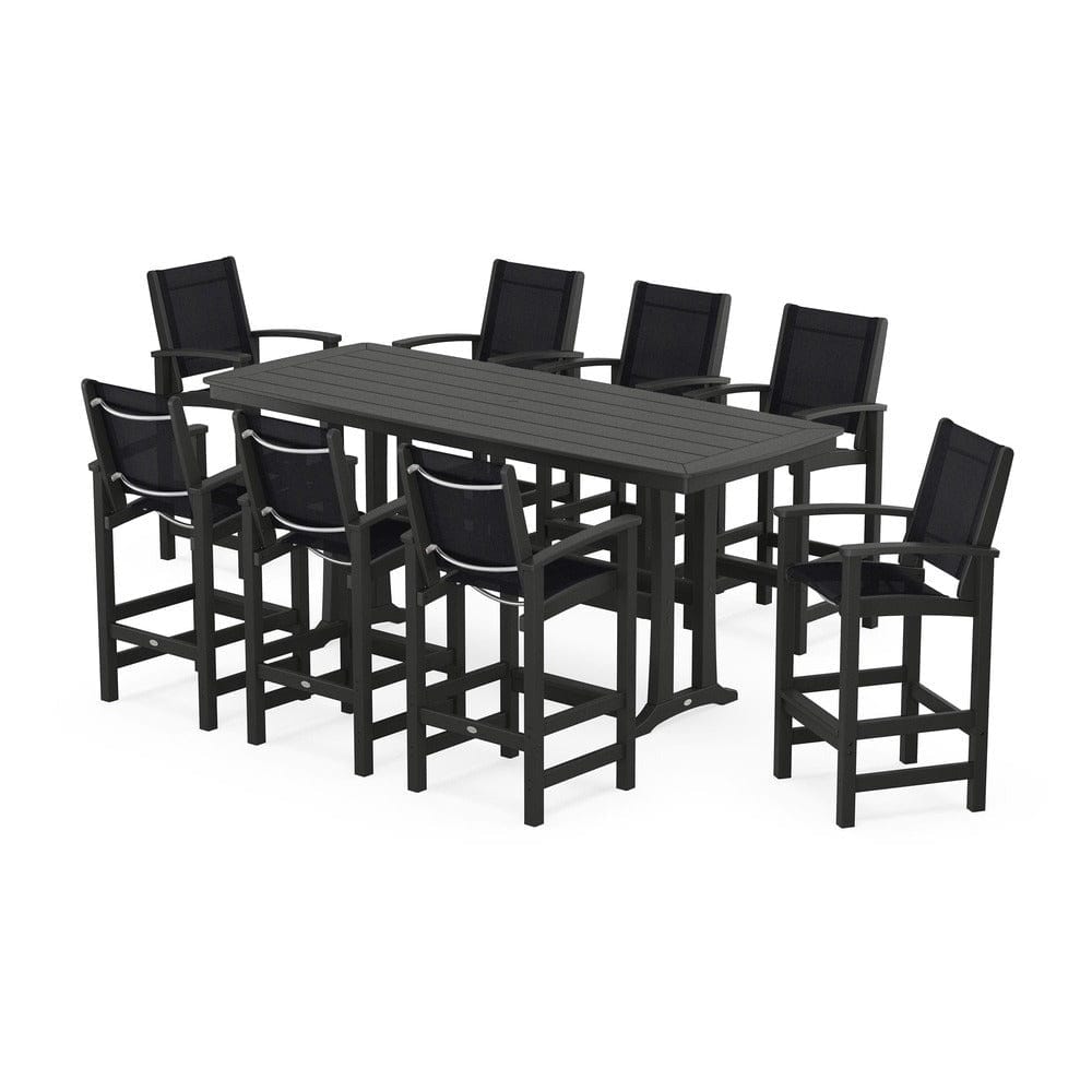 POLYWOOD® Outdoor Furniture Black / Black Sling POLYWOOD® - Coastal 9-Piece Bar Set with Trestle Legs - PWS1948