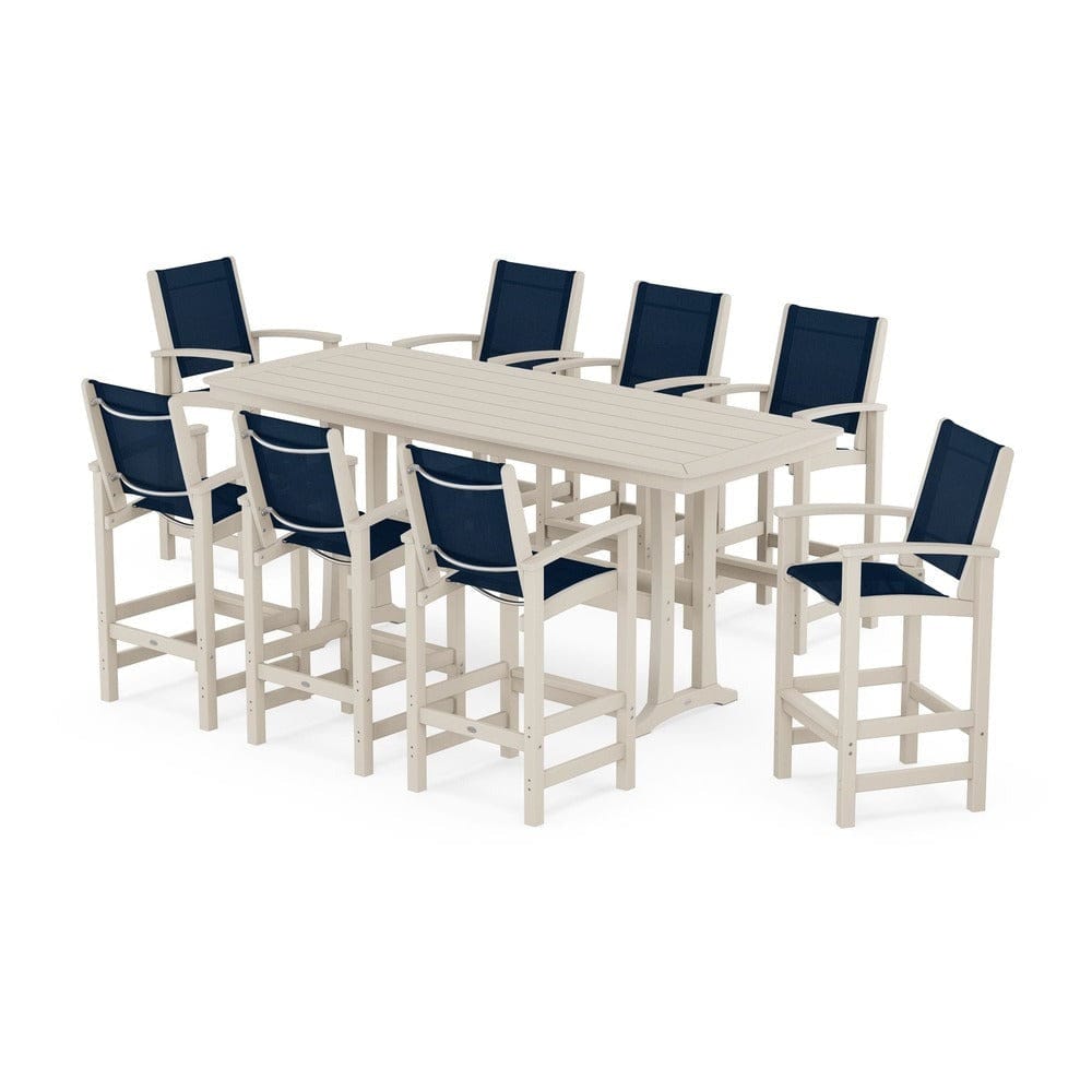 POLYWOOD® Outdoor Furniture Sand / Navy Blue Sling POLYWOOD® - Coastal 9-Piece Bar Set with Trestle Legs - PWS1948