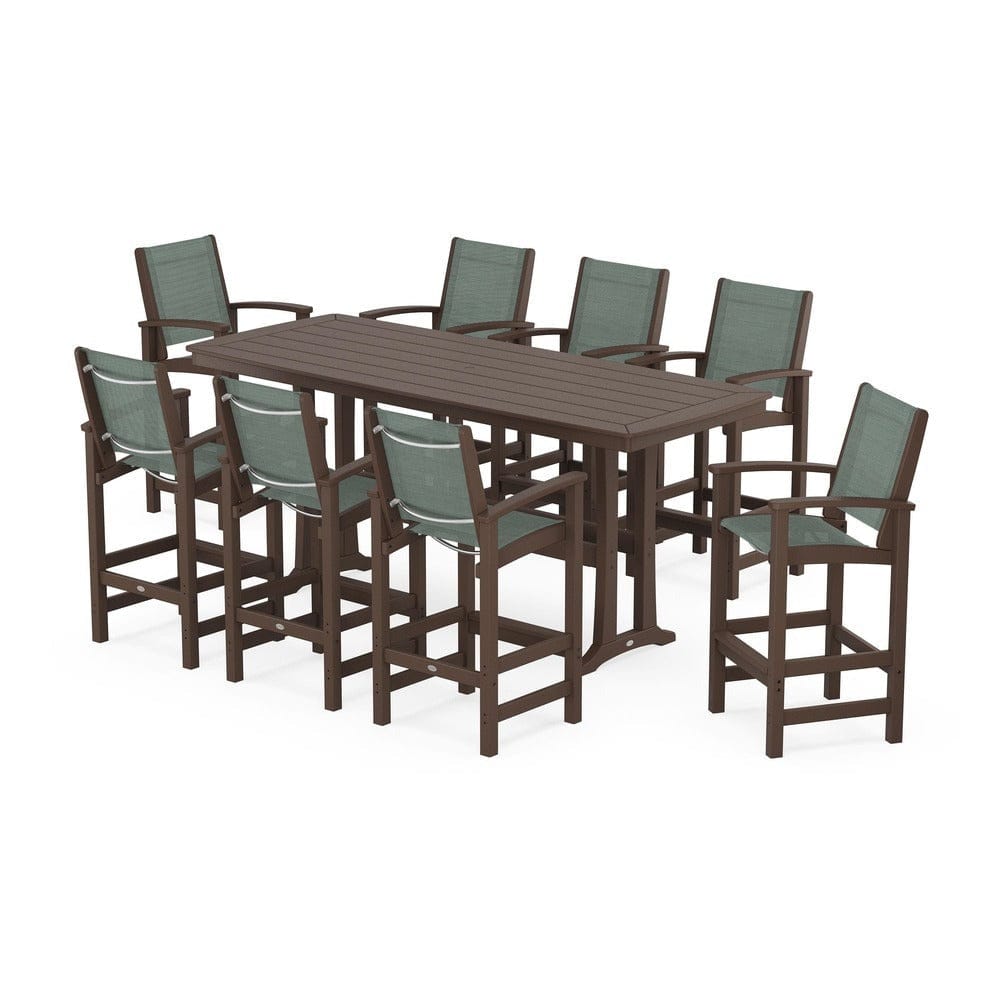 POLYWOOD® Outdoor Furniture Mahogany / Dupioni Sea Mist Sling POLYWOOD® - Coastal 9-Piece Bar Set with Trestle Legs - PWS1948