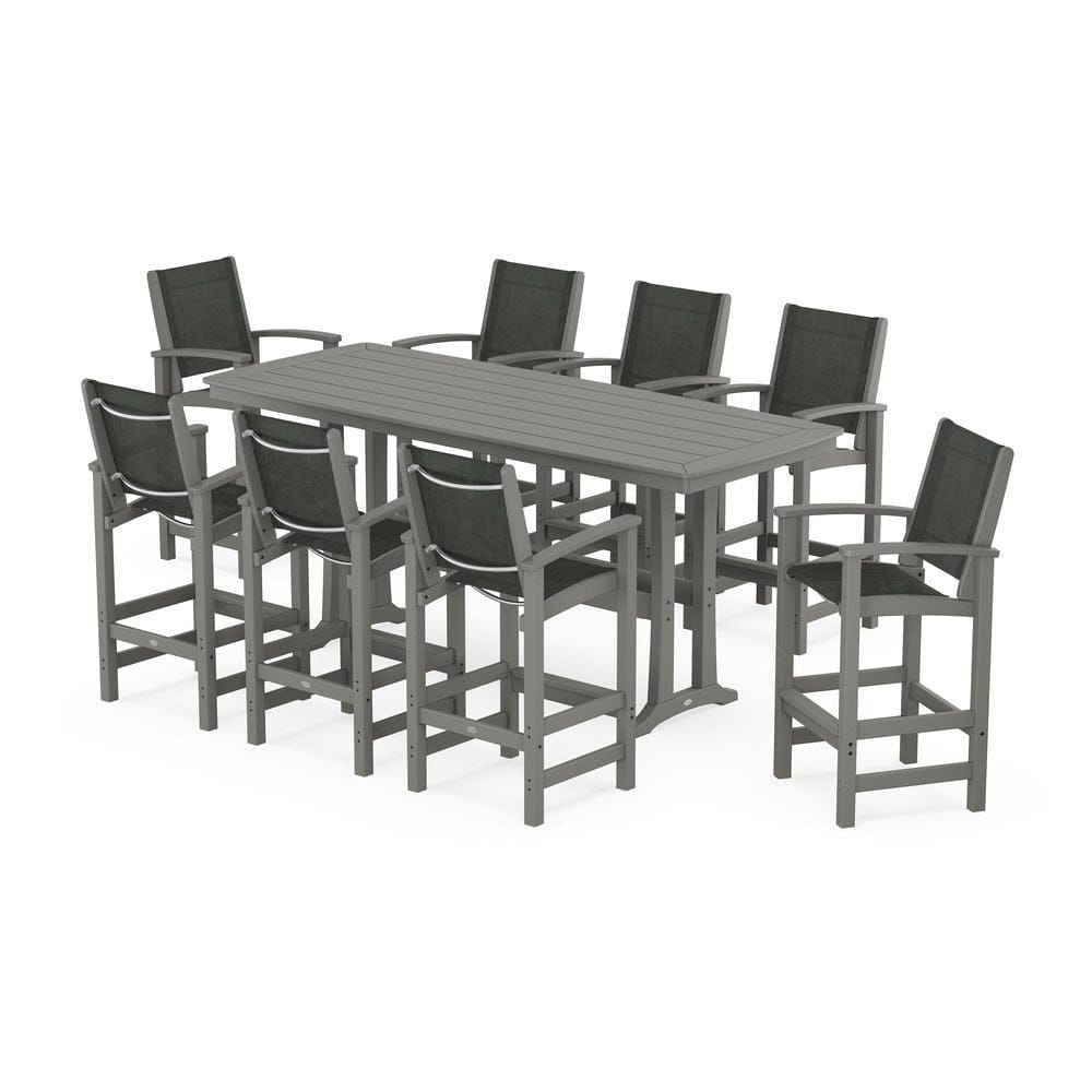 POLYWOOD® Outdoor Furniture Slate Grey / Ember Sling POLYWOOD® - Coastal 9-Piece Bar Set with Trestle Legs - PWS1948
