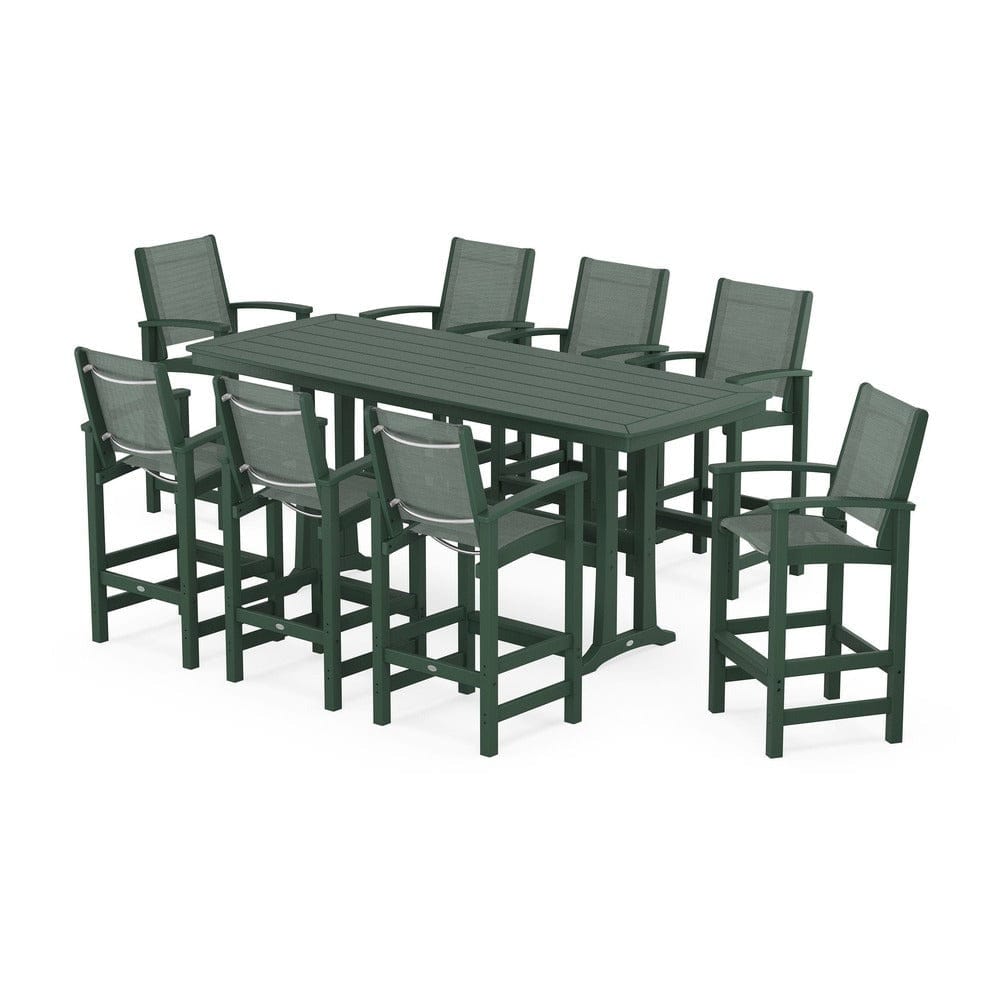 POLYWOOD® Outdoor Furniture Green / Dupioni Sea Mist Sling POLYWOOD® - Coastal 9-Piece Bar Set with Trestle Legs - PWS1948