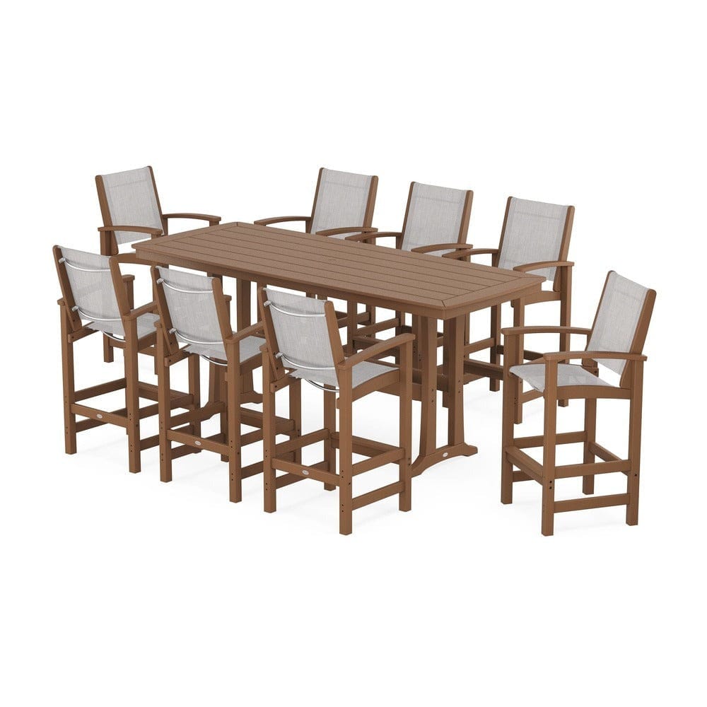POLYWOOD® Outdoor Furniture Teak / Parchment Sling POLYWOOD® - Coastal 9-Piece Bar Set with Trestle Legs - PWS1948