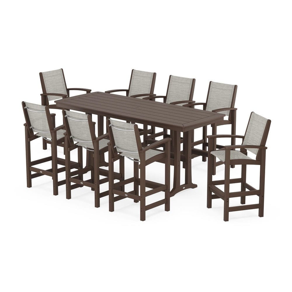 POLYWOOD® Outdoor Furniture Mahogany / Birch Sling POLYWOOD® - Coastal 9-Piece Bar Set with Trestle Legs - PWS1948