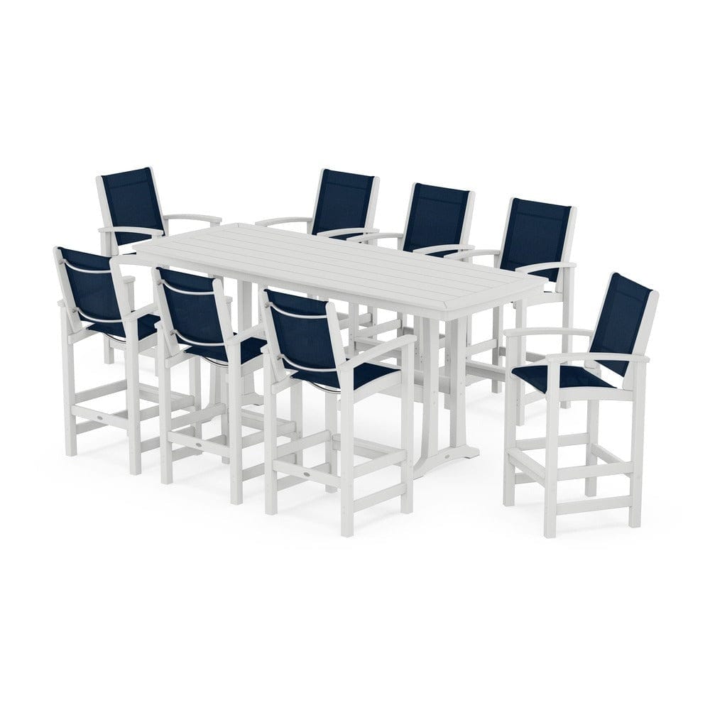 POLYWOOD® Outdoor Furniture White / Navy Blue Sling POLYWOOD® - Coastal 9-Piece Bar Set with Trestle Legs - PWS1948