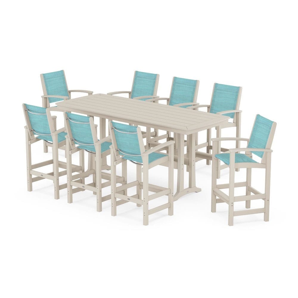 POLYWOOD® Outdoor Furniture Sand / Dupioni Aquamarine Sling POLYWOOD® - Coastal 9-Piece Bar Set with Trestle Legs - PWS1948