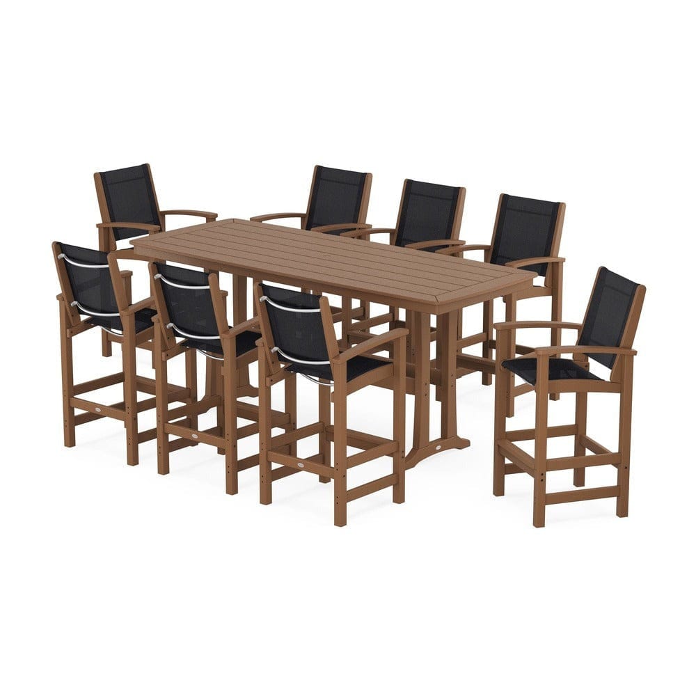 POLYWOOD® Outdoor Furniture Teak / Black Sling POLYWOOD® - Coastal 9-Piece Bar Set with Trestle Legs - PWS1948