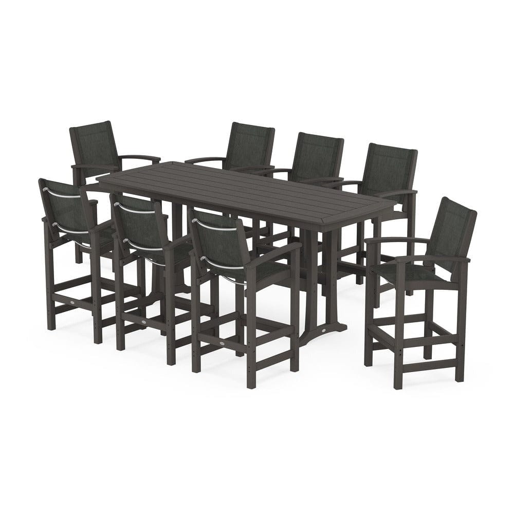 POLYWOOD® Outdoor Furniture Vintage Coffee / Ember Sling POLYWOOD® - Coastal 9-Piece Bar Set with Trestle Legs - PWS1948