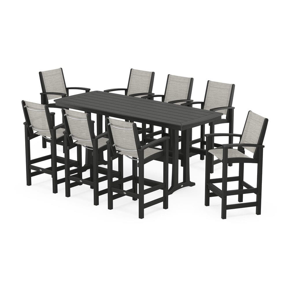 POLYWOOD® Outdoor Furniture Black / Birch Sling POLYWOOD® - Coastal 9-Piece Bar Set with Trestle Legs - PWS1948