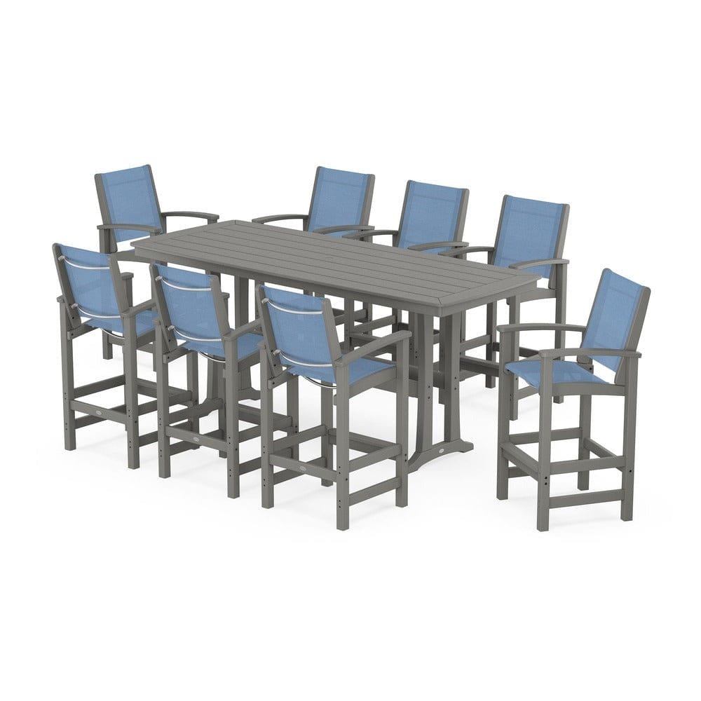 POLYWOOD® Outdoor Furniture Slate Grey / Poolside Sling POLYWOOD® - Coastal 9-Piece Bar Set with Trestle Legs - PWS1948