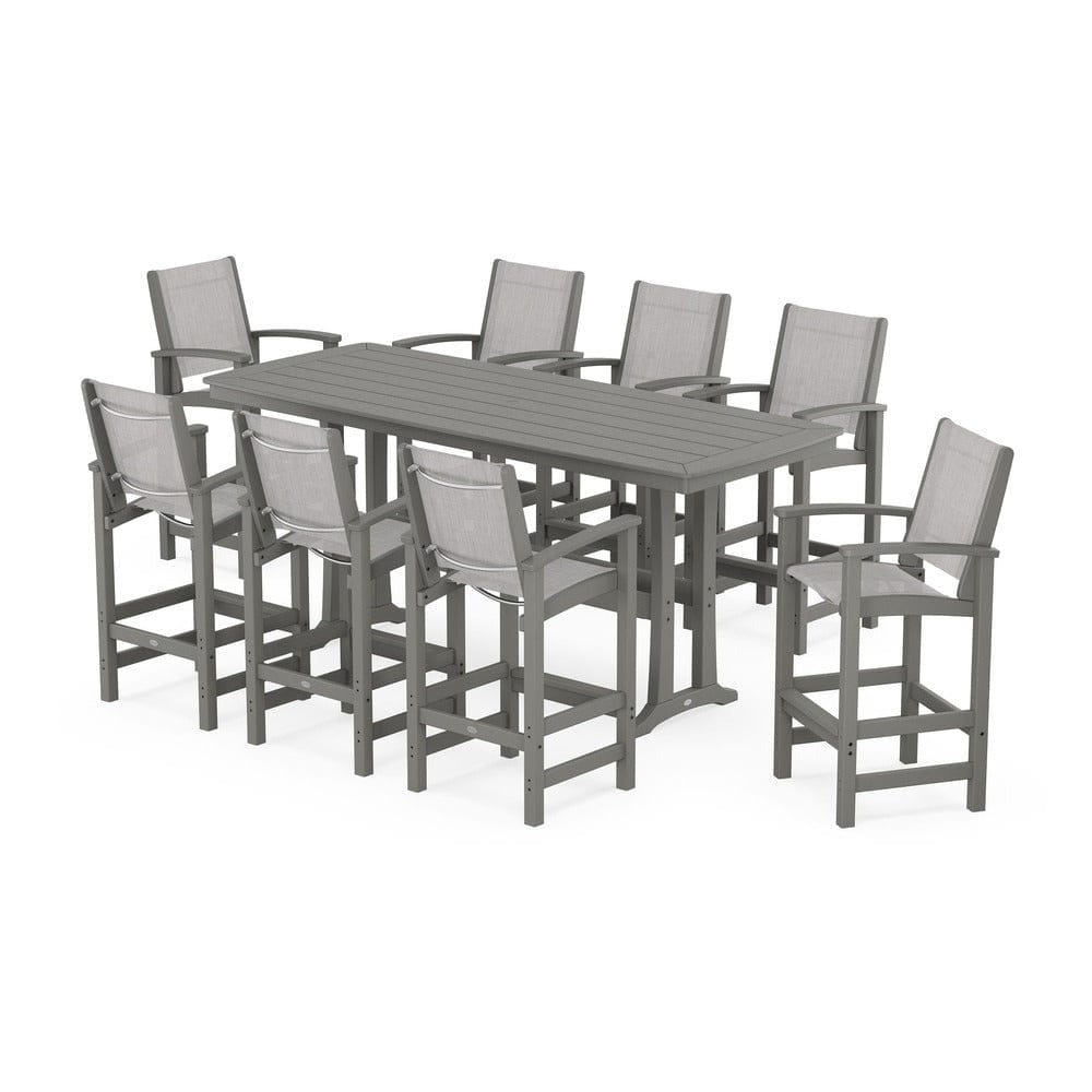 POLYWOOD® Outdoor Furniture Slate Grey / Parchment Sling POLYWOOD® - Coastal 9-Piece Bar Set with Trestle Legs - PWS1948