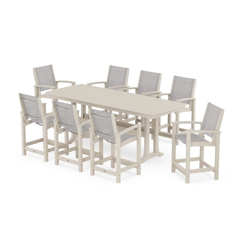 POLYWOOD® Outdoor Furniture Sand / Parchment Sling POLYWOOD® - Coastal 9-Piece Counter Set with Trestle Legs - PWS1931