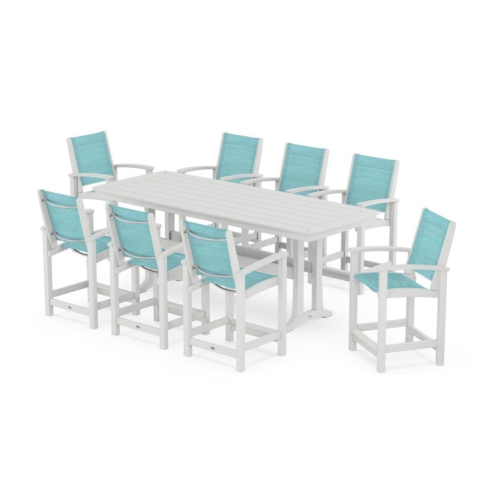 POLYWOOD® Outdoor Furniture White / Dupioni Aquamarine Sling POLYWOOD® - Coastal 9-Piece Counter Set with Trestle Legs - PWS1931